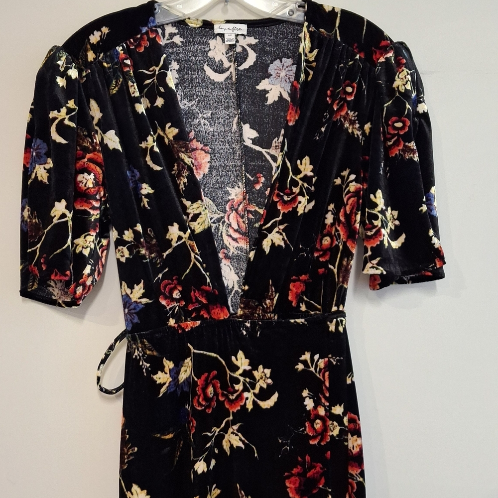 Floral Velvet Wrap Maxi Dress - Black with Red & Gold Floral Size Small Soft